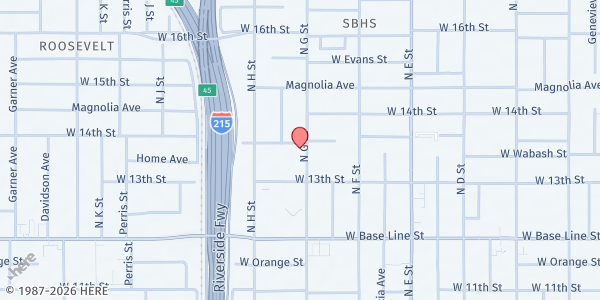 Map showing Lutheran Social Services of Southern California - San Bernardino at 1354 North G Street, San Bernardino, CA