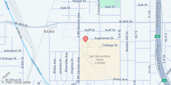 Map showing San Bernardino Valley College at 701 S Mt Vernon Ave, San Bernardino, CA