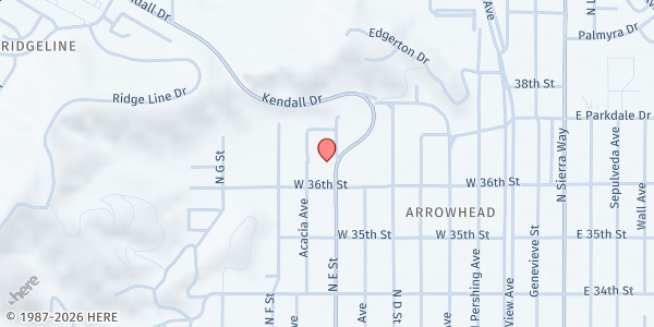 Map showing The Great Presbyterian Church at 3630 N E St, San Bernardino, CA