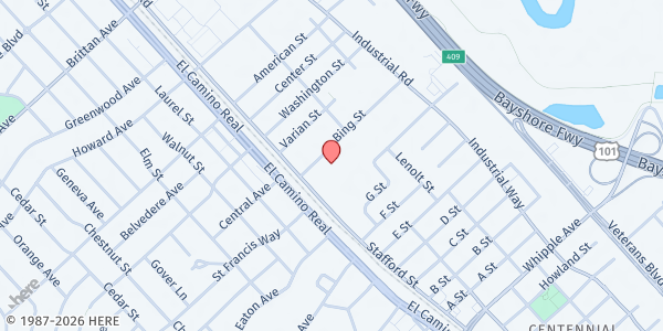 Map showing Bing Center at 1051 Bing Street, San Carlos, CA