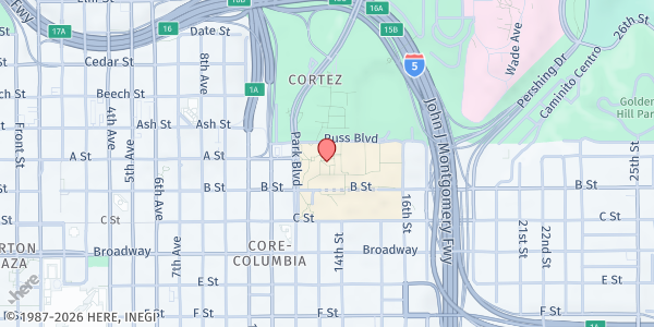 Map showing City Food Pantry - San Diego City College at 1313 Park Blvd, San Diego, CA
