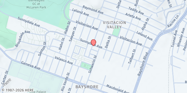 Map showing Calvary Street Village Pantry at 1099 Sunnydale Ave, San Francisco, CA