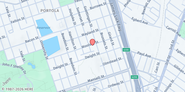 Map showing Christ for All Nations (CFAN) Food Pantry at 465 Woolsey St., San Francisco, CA