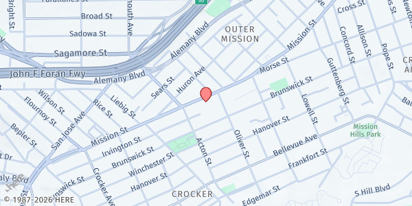 Map showing Kōmmune at 5845 Mission St, San Francisco, CA