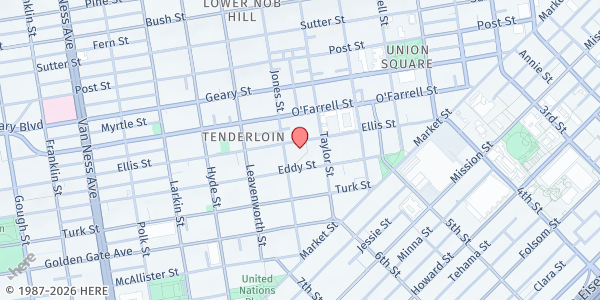 Map showing Youth With A Mission Food Pantry at 357 Ellis St, San Francisco, CA
