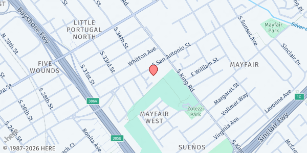 Map showing Friendship Church of God in Christ at 1654 East San Antonio St., San Jose, CA