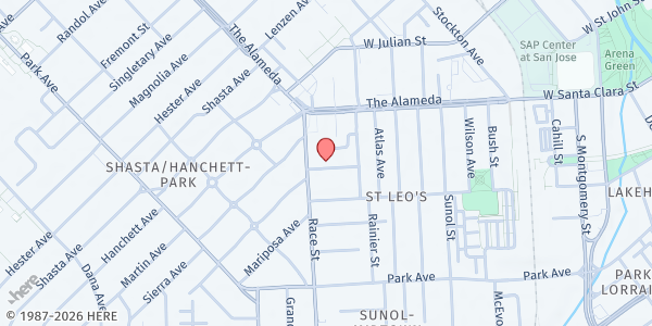 Map showing Loaves and Fishes - The Jerry Larson FoodBasket at 1043 Garland Ave, San Jose, CA