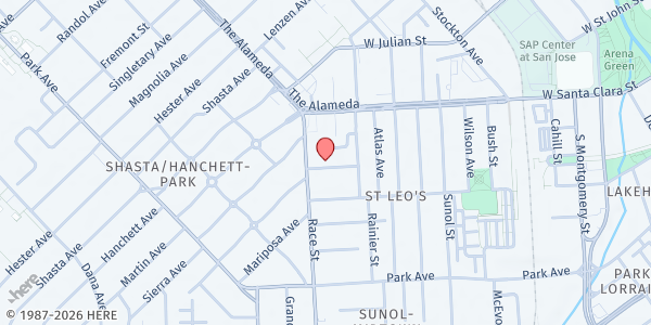 Map showing Loaves & Fishes - The Jerry Larson FoodBasket at 1043 Garland Ave, San Jose, CA