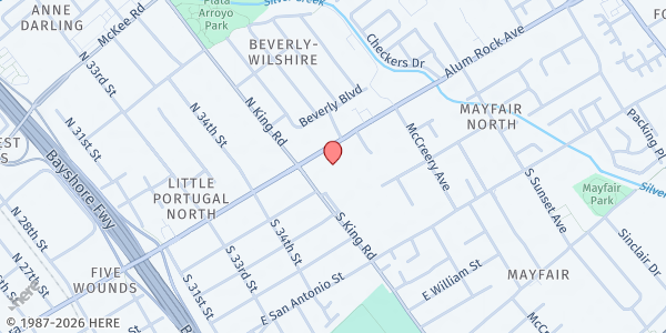 Map showing Mexican Heritage Plaza at 1700 Alum Rock Avenue, San Jose, CA