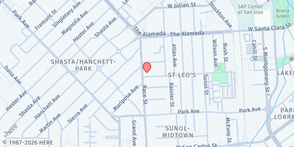 Map showing St. Leo the Great Catholic Church at 88 Race Street, San Jose, CA