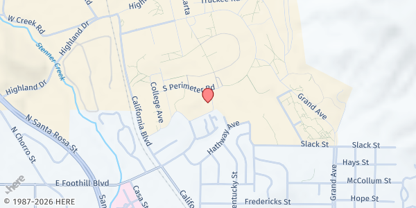 Map showing Cal Poly - Neighborhood Food Distribution at 1 Via Carta Rd. Campus Health and Wellbeing Lawn, San Luis Obispo, CA