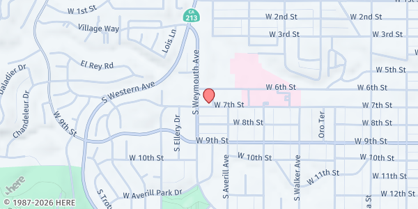 Map showing Trinity Evangelical Lutheran Church San Pedro Food Pantry - Lower Parking Lot at 1450 West 7th Street, San Pedro, CA