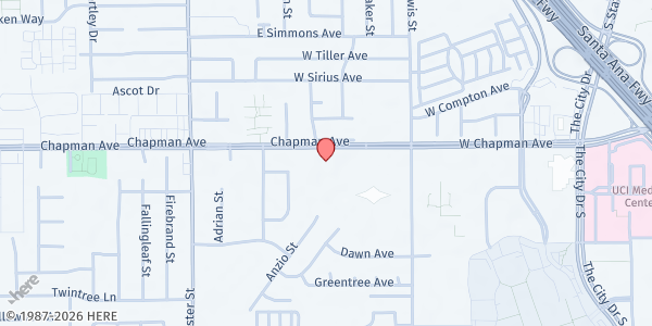 Map showing Christ Cathedral Parish Community Outreach - Helping House Distribution at 2020 W. Chestnut Avenue, Santa Ana, CA