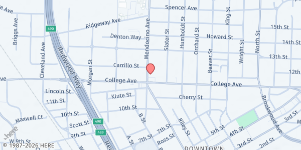 Map showing On the Move, Voices Sonoma at 714 Mendocino Ave, Santa Rosa, CA