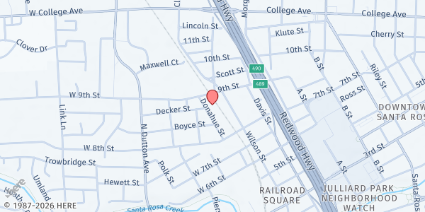 Map showing Sonoma Applied Village Services Outreach at 6 West 9th St, Santa Rosa, CA