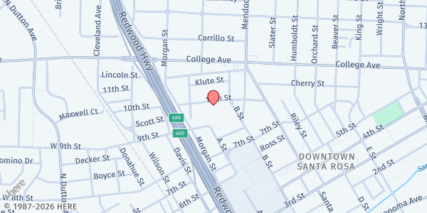 Map showing St. Rose Church SVdP at 340 10th St., Santa Rosa, CA