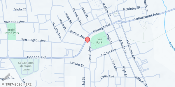 Map showing Rotary Club Sebastopol Sunrise Lunch Sack - Main Location at 7433 Bodega Ave, Sebastopol, CA
