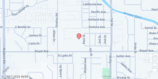 Map showing SEWA International @ Sinaloa Middle School Parking Lot at 601 Royal Ave, Simi Valley, CA