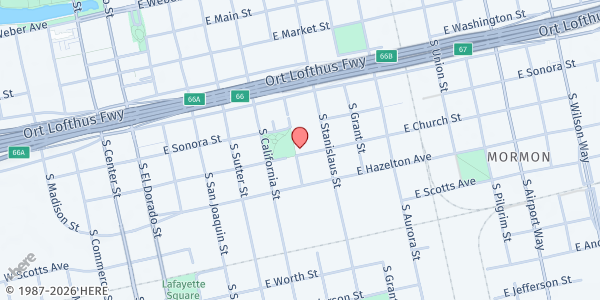 Map showing Gleason Park Apartments at 605 E Church St, Stockton, CA