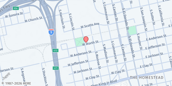 Map showing Greater Faith Missionary Baptist Church at 345 W Worth St, Stockton, CA