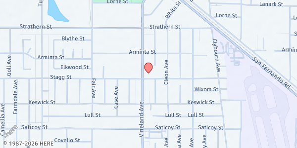 Map showing S.V.D.P. Our Lady of the Holy Rosary Church at 7800 Vineland Ave, Sun Valley, CA