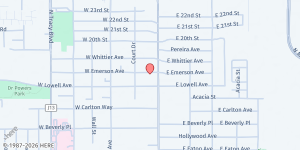 Map showing The Coalition of Tracy Citizens to Assist the Homeless at 26 W Emerson Ave, Tracy, CA