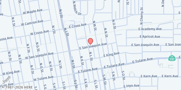 Map showing The Salvation Army Tulare at 314 E. San Joaquin Ave., Tulare, CA