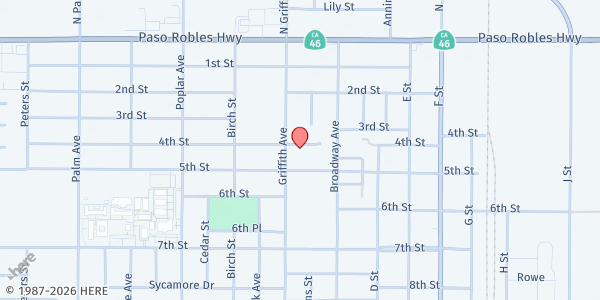 Map showing Griffith Avenue Baptist Church at 408 Griffith Ave., Wasco, CA
