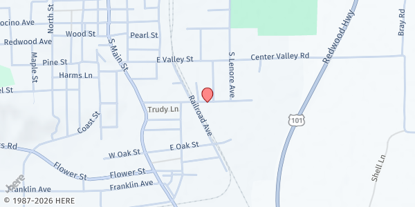 Map showing Willits Community Corp Food Bank at 229 E San Francisco Ave, Willits, CA