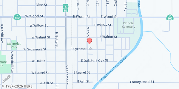 Map showing First Southern Baptist Church at 112 N. Yolo Street, Willows, CA