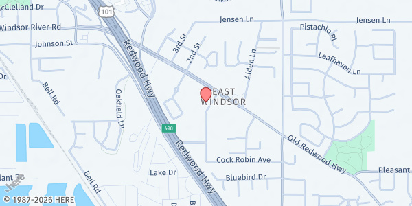 Map showing Nuestra Comunidad Bluebird Campus at 21 Bluebird Dr Bldg D, Windsor, CA