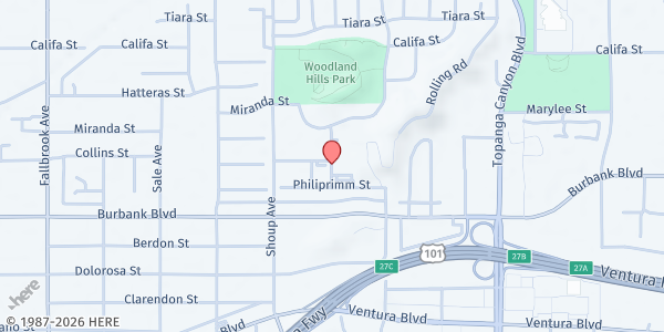 Map showing Prince of Peace Coalition - West Valley Food Pantry at 5700 Rudnick Avenue, Woodland Hills, CA