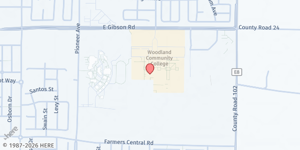 Map showing Woodland Community College at 2300 E Gibson Rd, Woodland, CA