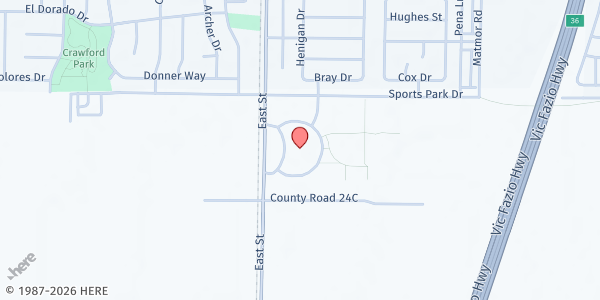 Map showing Yolo Food Bank - Woodland Distribution Site at 2001 East St., Woodland, CA