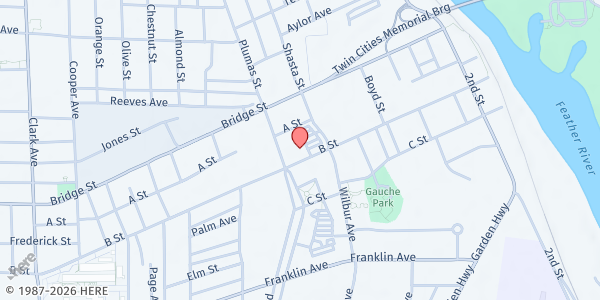 Map showing Crossroads Community Church Store House Ministry at 445 B St, Yuba City, CA