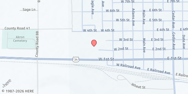 Map showing Food Bank of the Rockies Mobile Pantry - Washington County Fairgrounds/Akron at 551 W 2nd St, Akron, CO