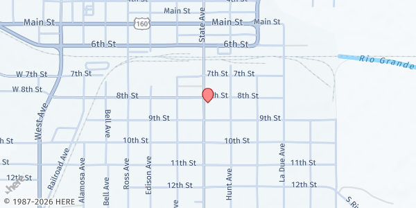 Map showing Food Bank Network of SLV - Alamosa Hub at 802 State Ave, Alamosa, CO