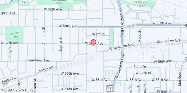 Map showing Mission Arvada of The Rising Church at 7500 W 57th Ave, Arvada, CO