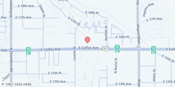 Map showing Ansar Pantry - Colorado Muslim Community Center at 16251 E Colfax Ave, Aurora, CO