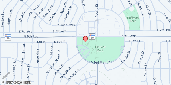 Map showing Aurora Center for Active Adults at 30 W. Del Mar Cir., Aurora, CO