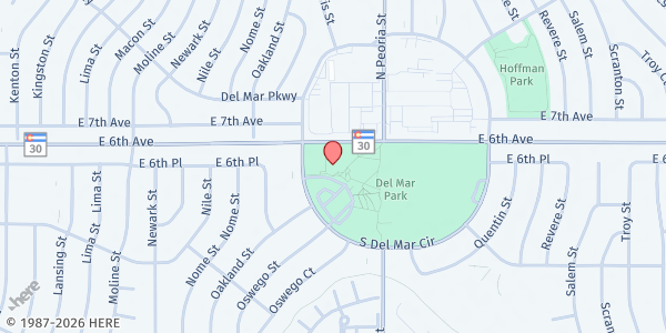 Map showing Aurora Center for Active Adults at 30 Del Mar Cir, Aurora, CO