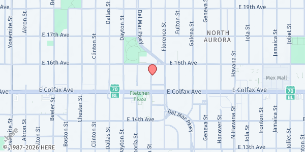 Map showing Caring & Sharing at 1550 Elmira Street, Aurora, CO