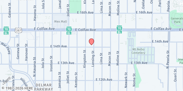 Map showing Catholic Charities - Little Flower at 11149 E. 14th Ave., Aurora, CO