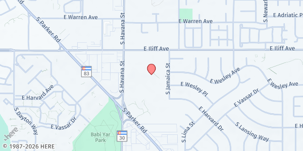 Map showing Colorado Christian Fellowship at 10630 E. Iliff Ave., Aurora, CO
