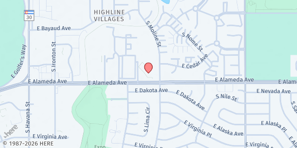 Map showing Faith Presbyterian Church Food Ministry at 11373 E. Alameda Ave., Aurora, CO