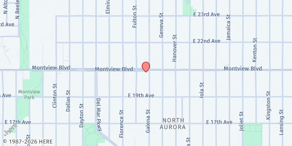 Map showing FOOD BANK - Aurora at 10190 E Montview Blvd, Aurora, CO