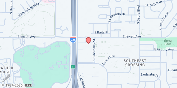 Map showing Food Bank of the Rockies- Colorado Community Church MP at 14000 E Jewell Avenue, Aurora, CO