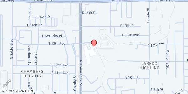 Map showing Hinkley High School at 1250 Chambers Rd, Aurora, CO