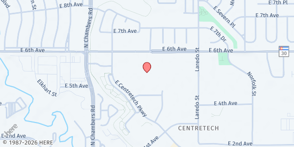 Map showing Jewish Family Services- Restoration Christian Fellowship at 15660 E 6th Ave, Aurora, CO