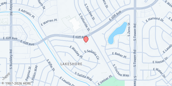 Map showing New Life Community Church at 17690 E Iliff Ave, Aurora, CO